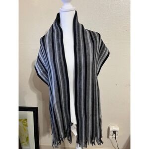 Fraas 100% Wool Striped Scarf Black Grey White Fringed Knit Accessory NWT
